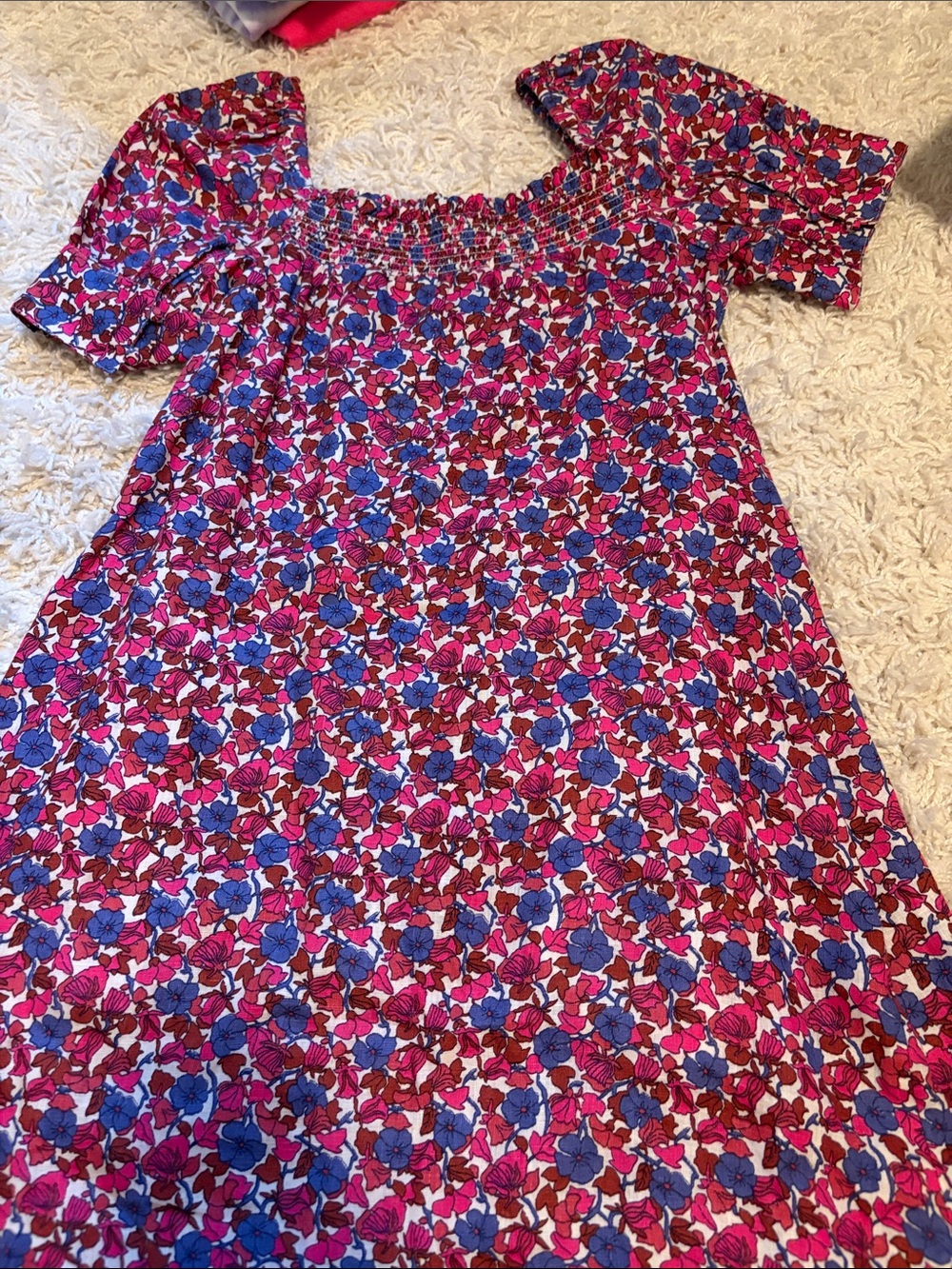 JCREW Floral Smocked Neck Puff Sleeve Dress in Pink & Blue